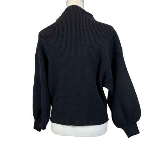 Line + Dot Wide High Neck Puff Sleeve Ribbed Knit Sweater Black Size Medium - Picture 4 of 7